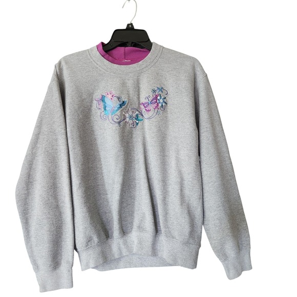 VintageY2K Embroidered Butterfly Gray Double Crewneck Womens Size Small Girlie - Picture 2 of 15